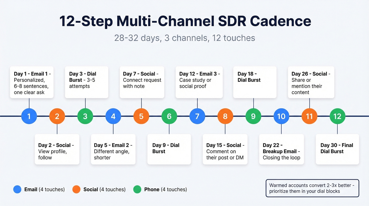 Visual 12-step multi-channel SDR cadence over 30 days