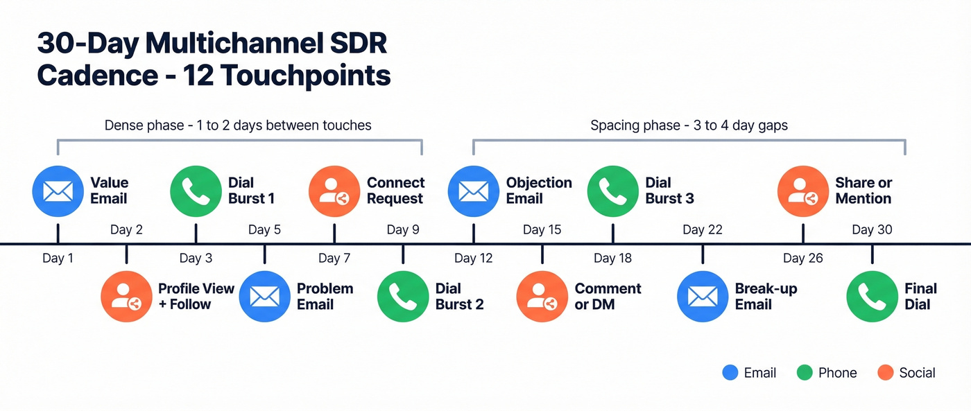 30-day multichannel SDR cadence visual timeline