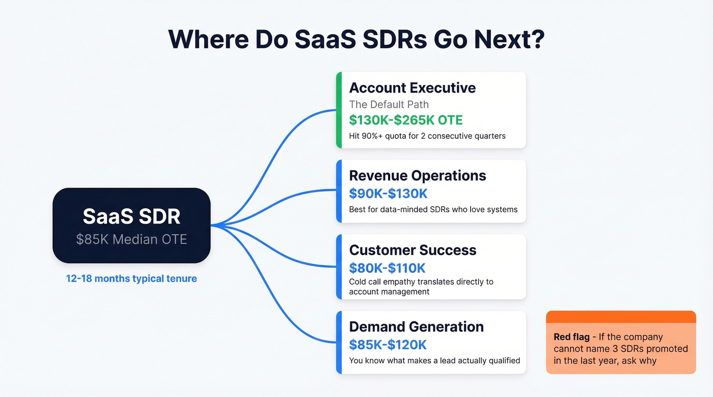 SDR career path branching diagram with comp ranges