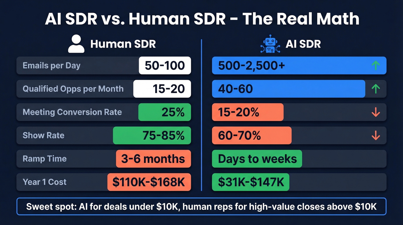 AI SDR vs Human SDR performance and cost comparison