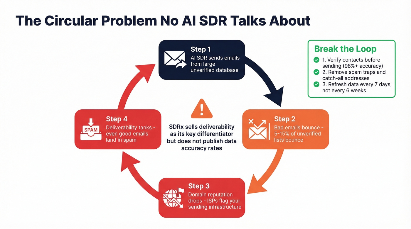 Circular data quality problem flow for AI SDR deliverability