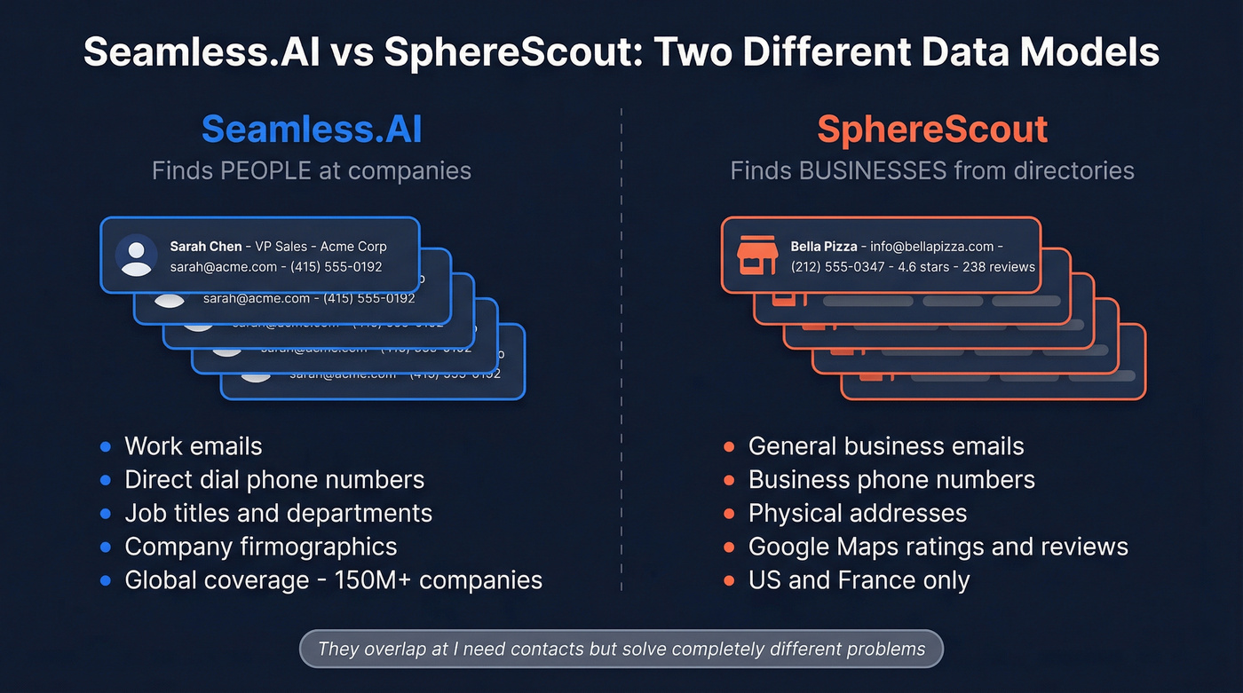 Seamless.AI vs SphereScout data model comparison diagram