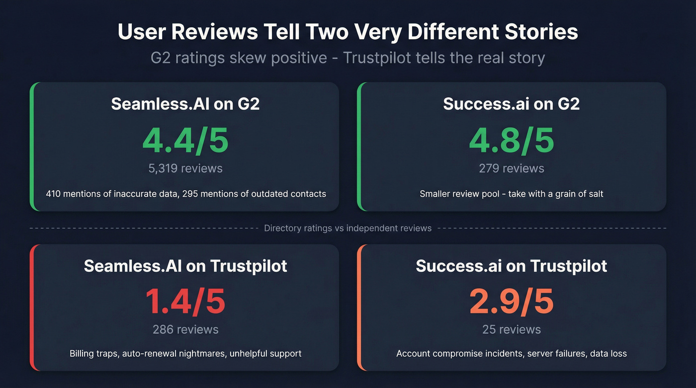 User review scores across G2 and Trustpilot for both tools