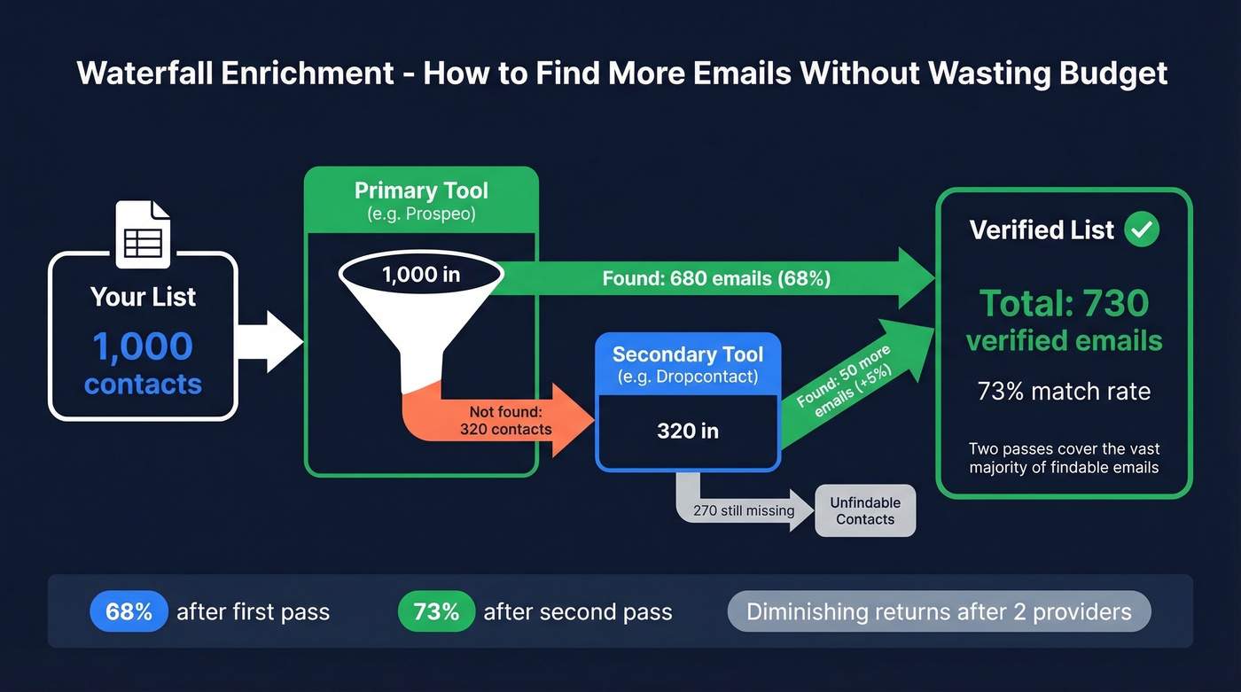 Waterfall enrichment process showing cascading email lookup