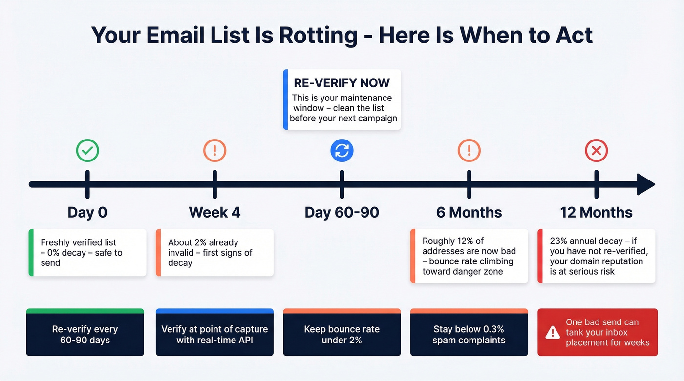 Email list decay timeline showing when to re-verify