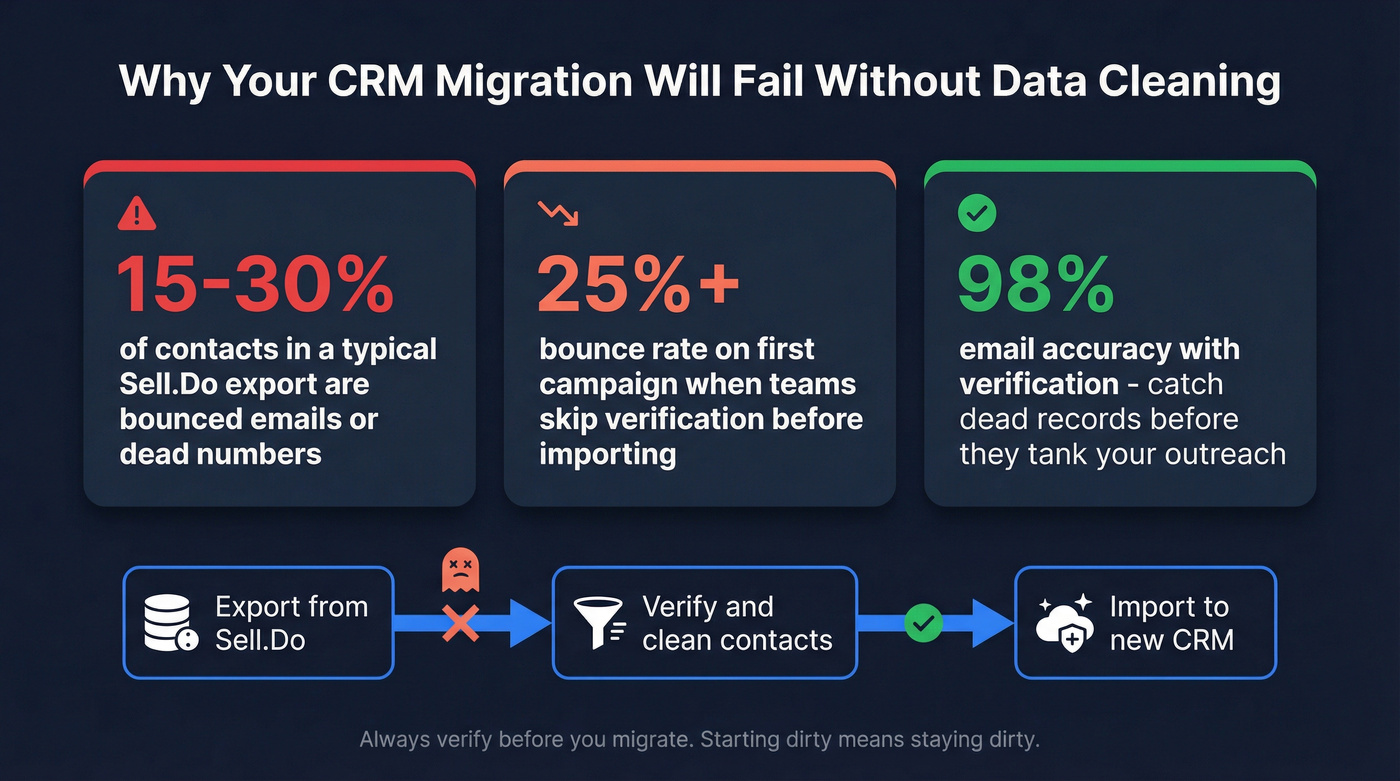 Data migration stats showing contact decay and verification impact