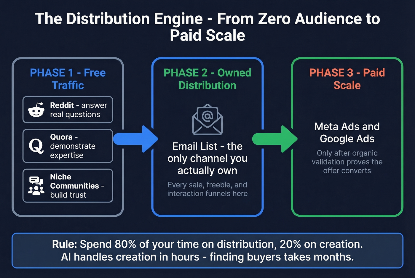 Distribution funnel from zero audience to paid scaling