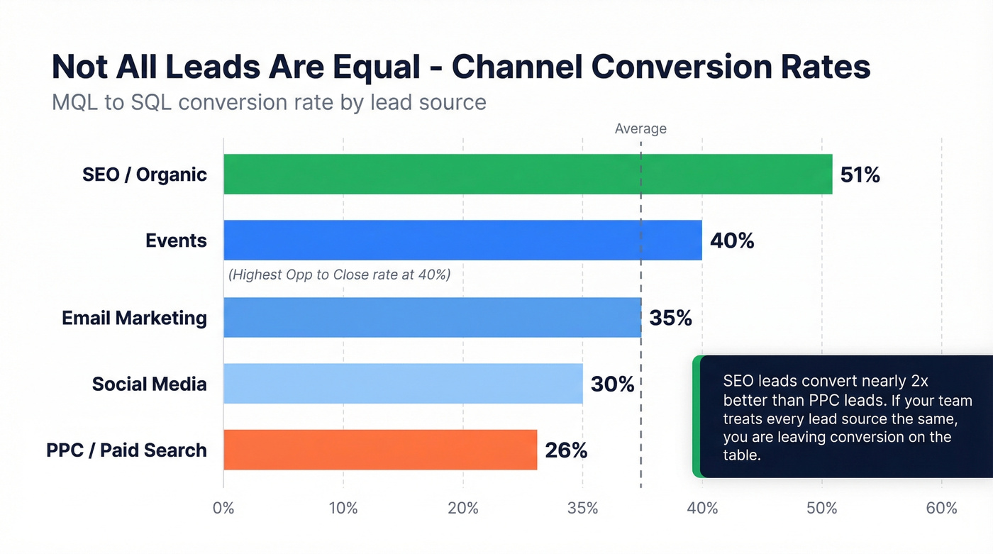 Bar chart comparing lead source conversion rates by channel