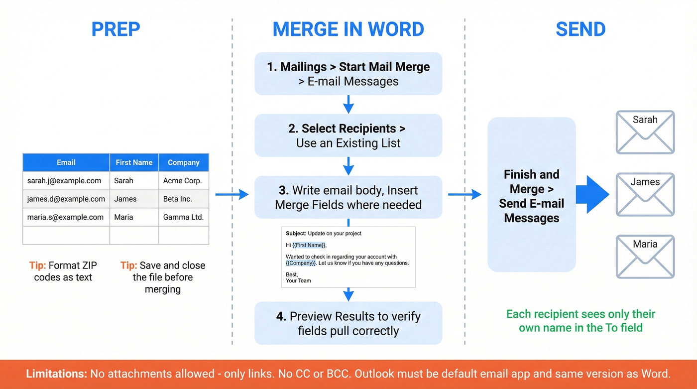 Step-by-step classic mail merge process from Excel to Outlook