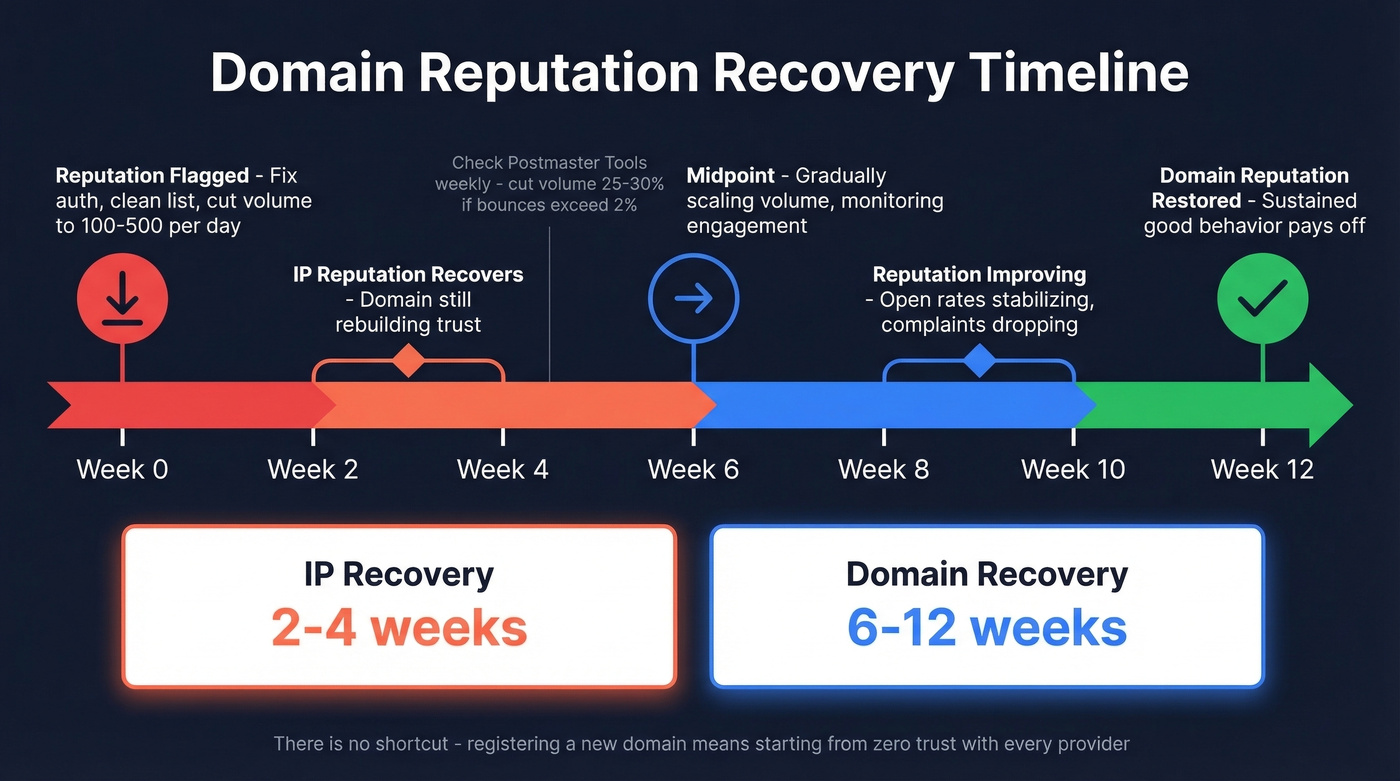Timeline showing domain reputation recovery phases over 12 weeks