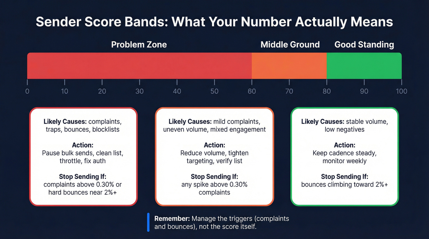 Visual sender score bands with thresholds and actions