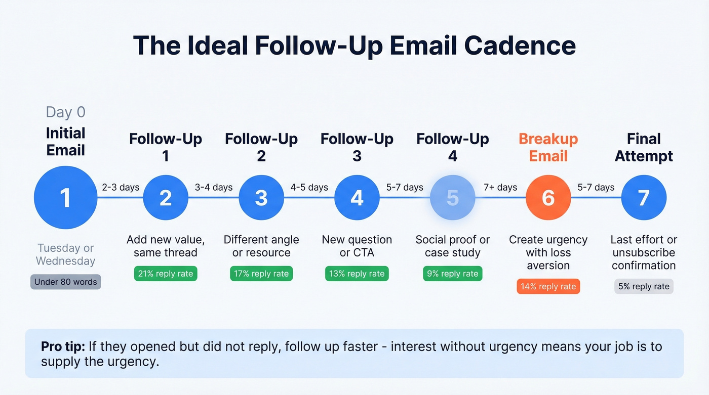Follow-up email timing cadence timeline infographic