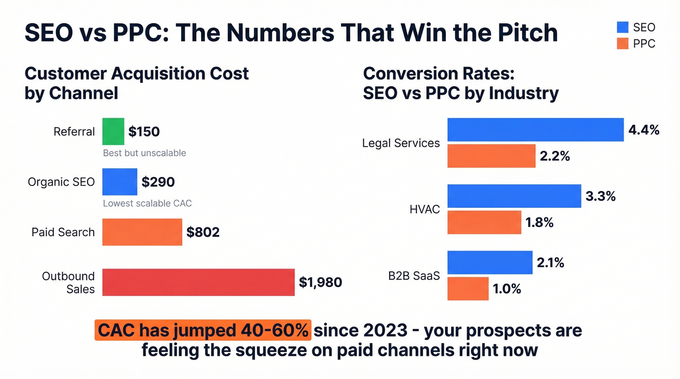 SEO vs PPC conversion rates and CAC comparison chart