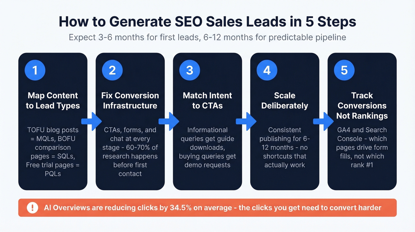 Five-step SEO lead generation process flow chart