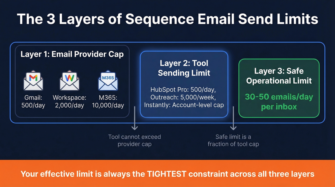 Three layers of sequence email send limits explained visually