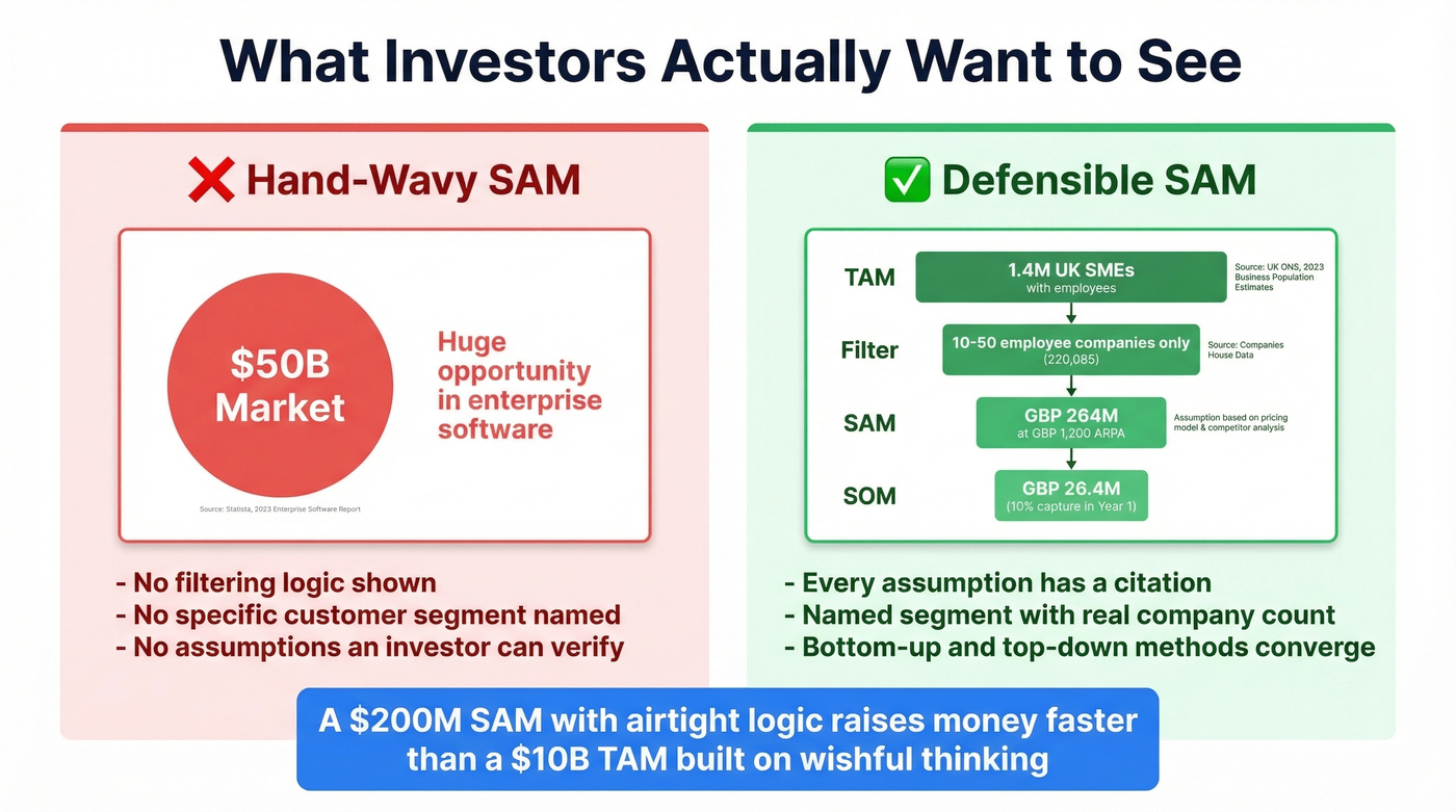 Defensible SAM slide vs hand-wavy SAM slide comparison