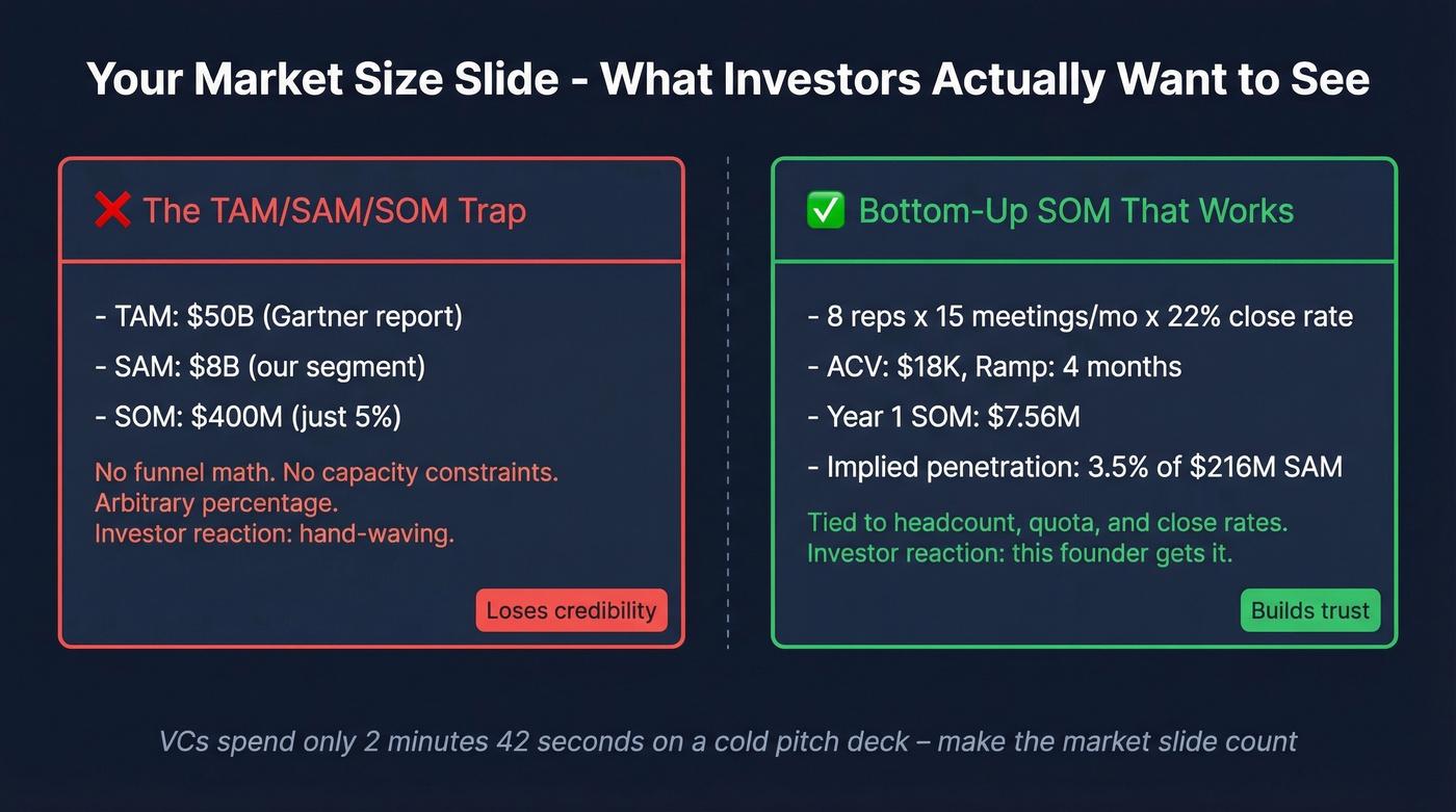Investor pitch slide comparison showing bad vs good SOM framing