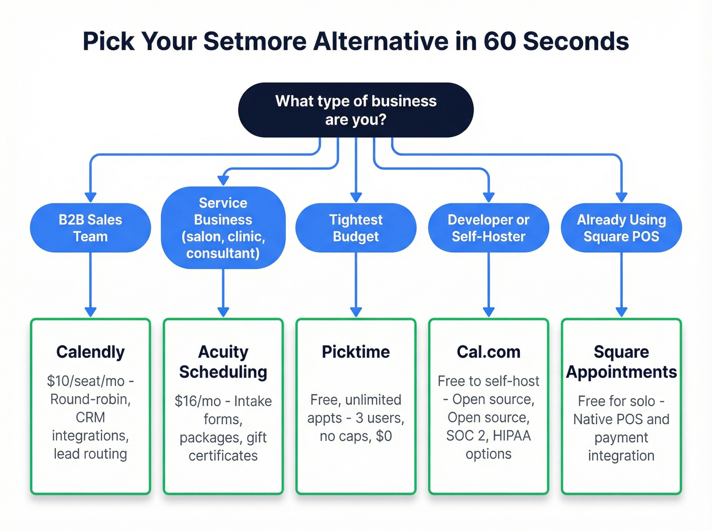 Decision tree for choosing the right Setmore alternative by business type