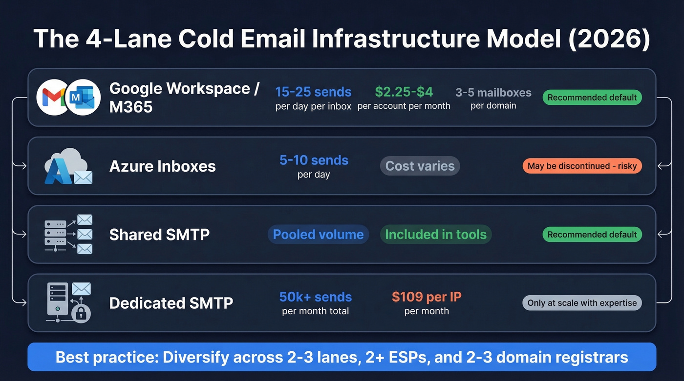 Cold email four-lane infrastructure model with volume and cost