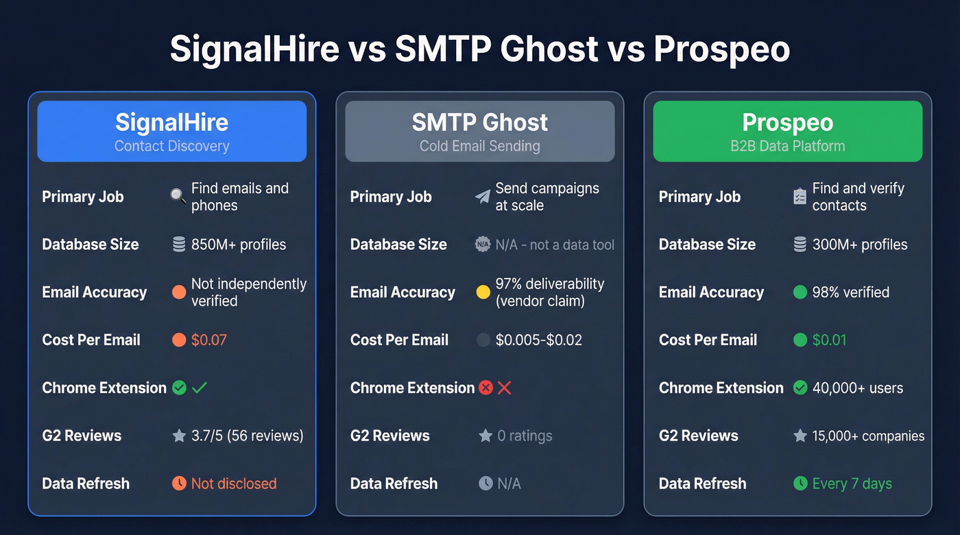 SignalHire vs SMTP Ghost vs Prospeo comparison diagram