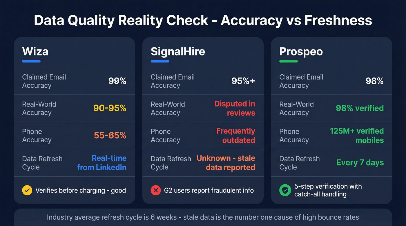 Email accuracy and data freshness comparison across three tools