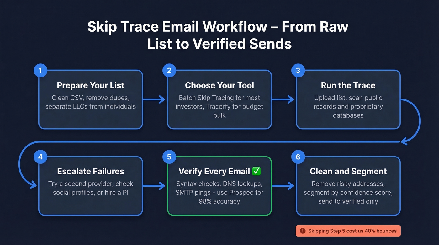 Six-step skip trace email workflow from list prep to verified send
