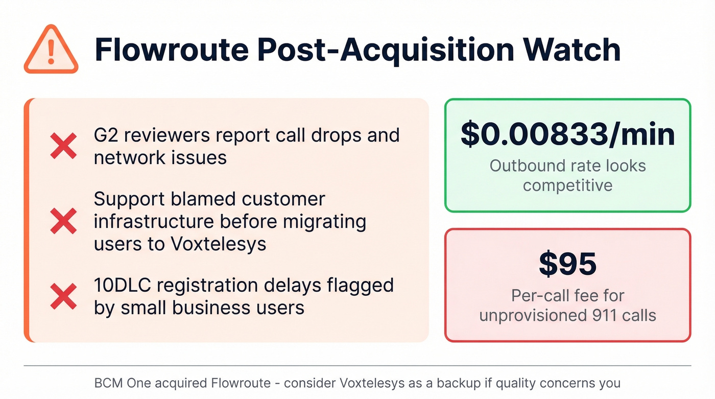 Flowroute post-acquisition quality warning card