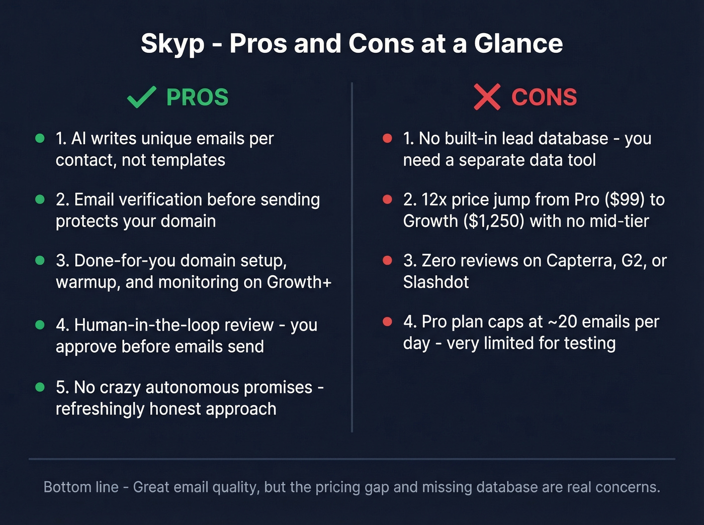 Skyp pros and cons visual summary card
