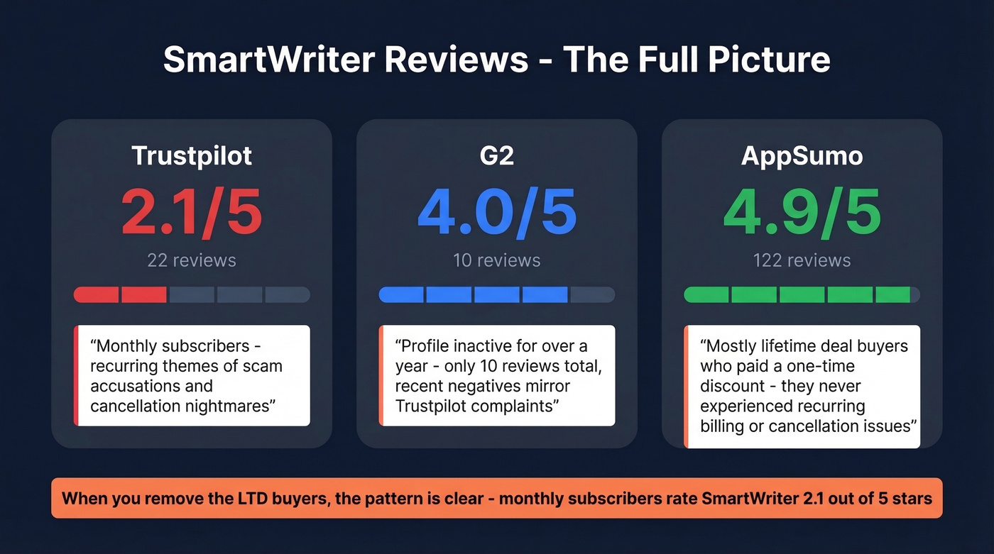 SmartWriter review scores across platforms with context