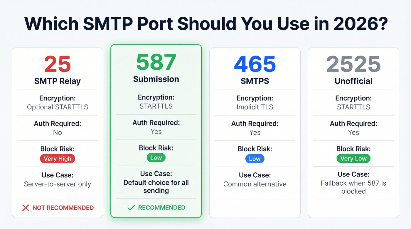 SMTP port comparison showing 25 vs 587 vs 465 vs 2525