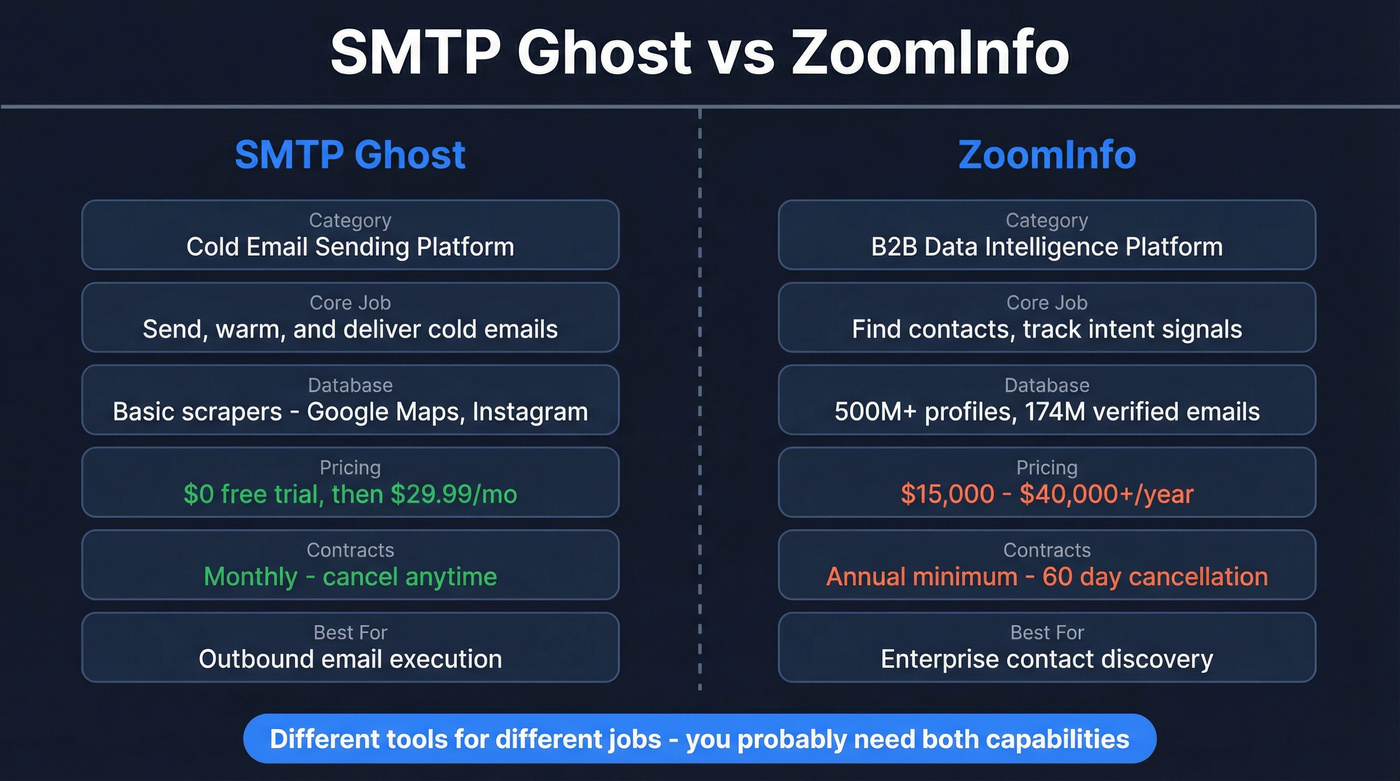 SMTP Ghost vs ZoomInfo head-to-head comparison diagram