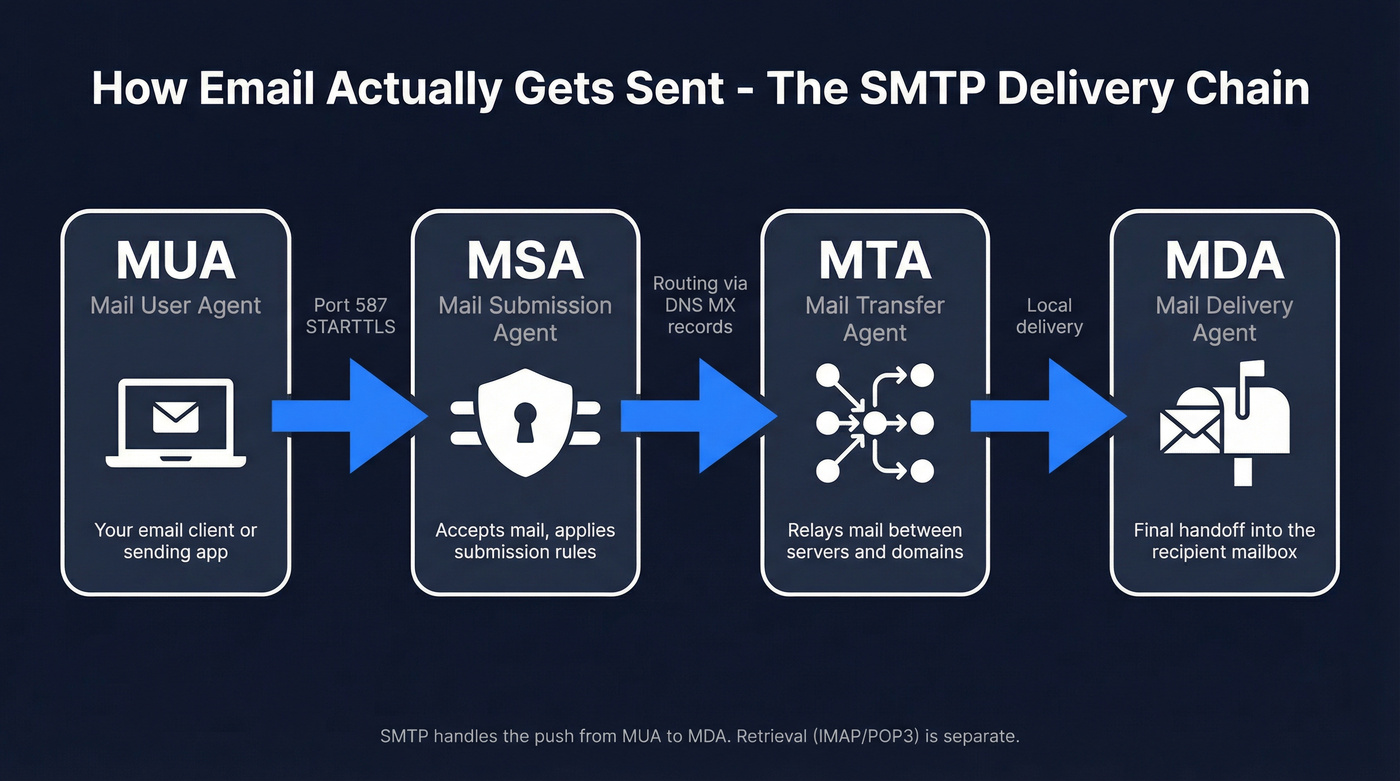 Email delivery chain from sender to recipient mailbox