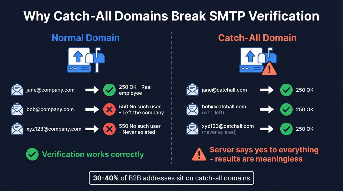 Catch-all domain problem visual showing false positives