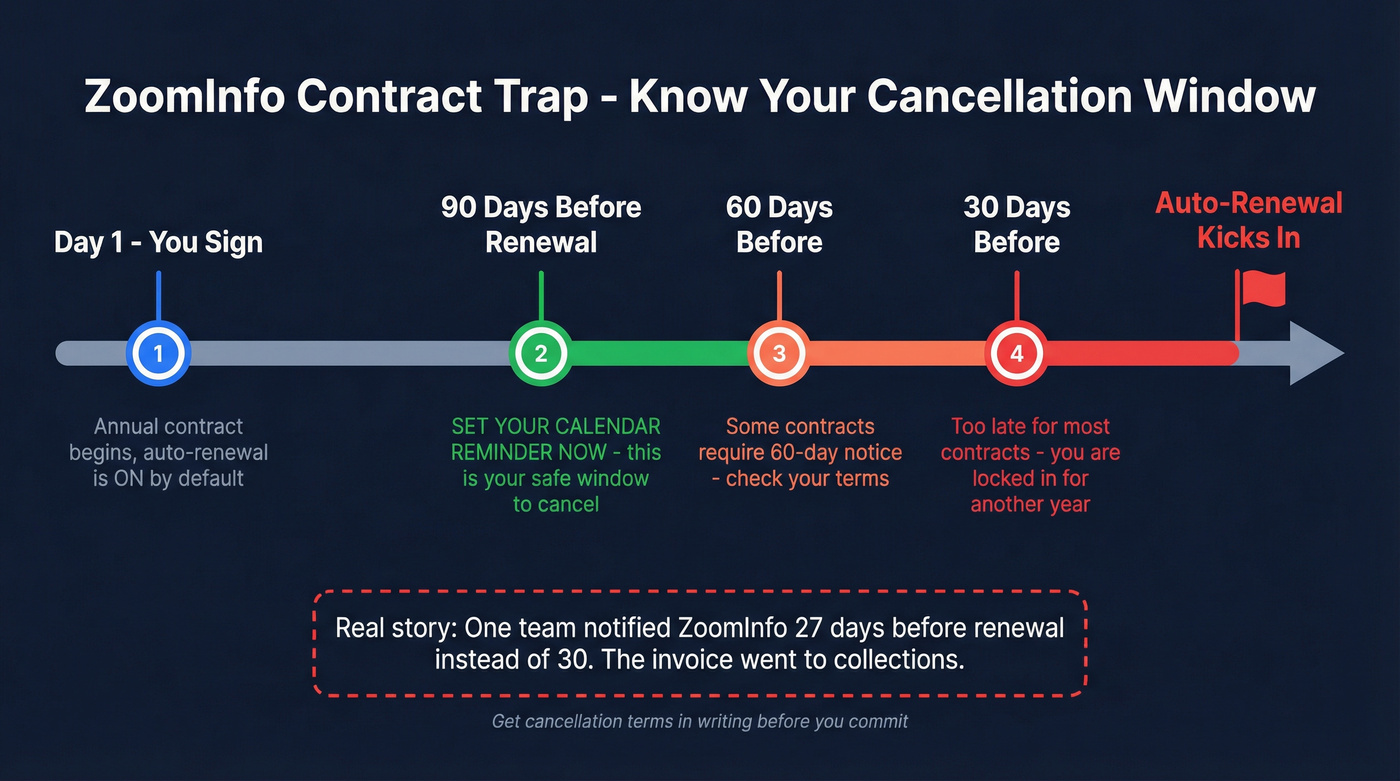 ZoomInfo contract auto-renewal timeline and cancellation warning