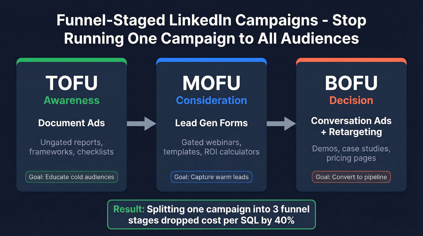 LinkedIn funnel-staged campaign structure with ad types