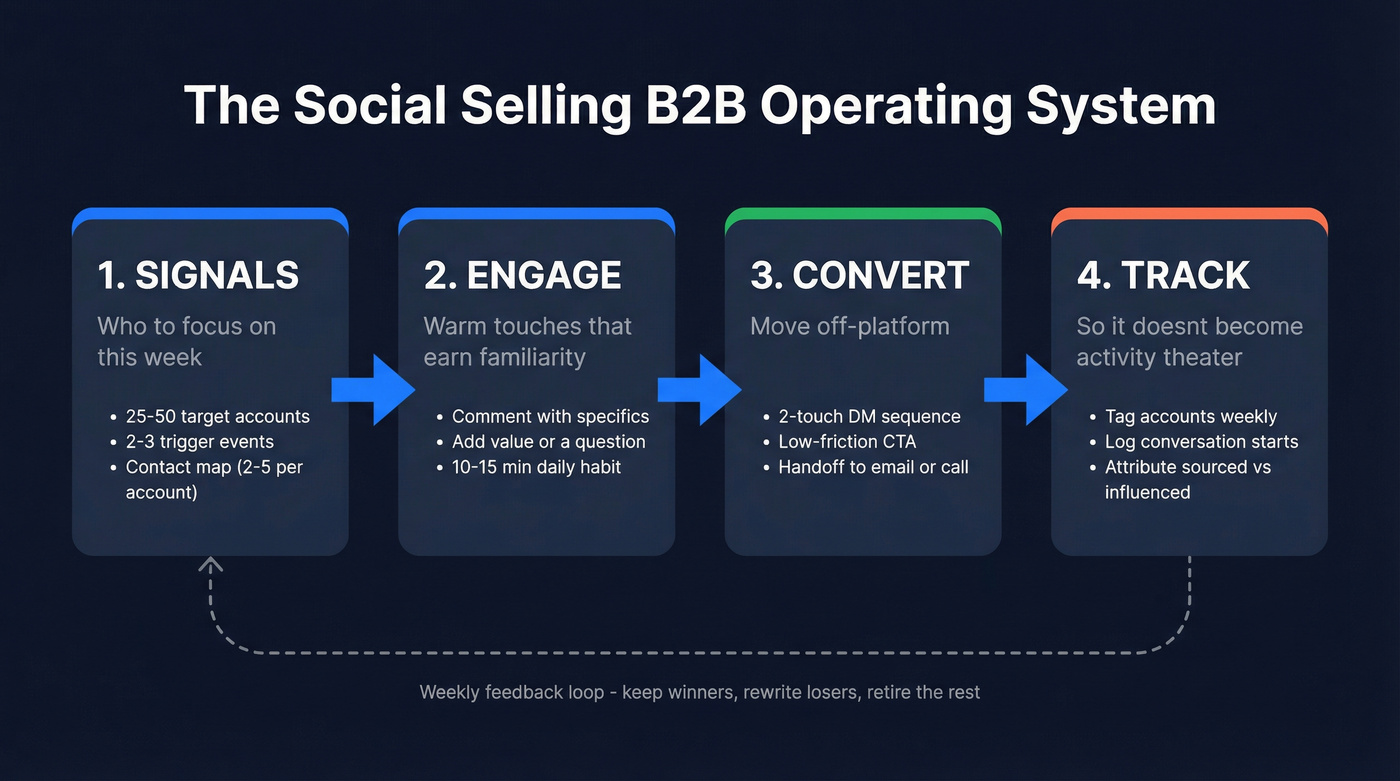 Social Selling OS four-stage operating system flow chart