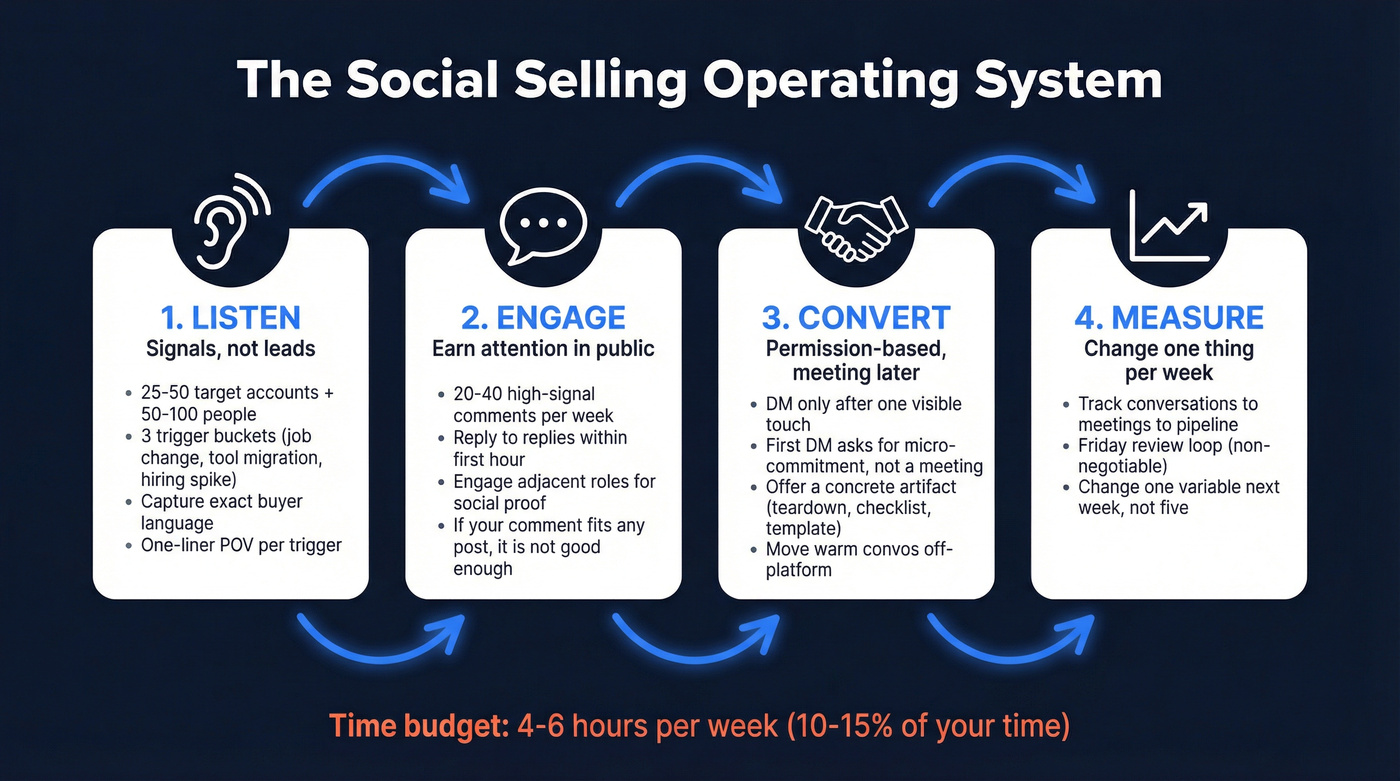 Four-phase social selling operating system loop diagram