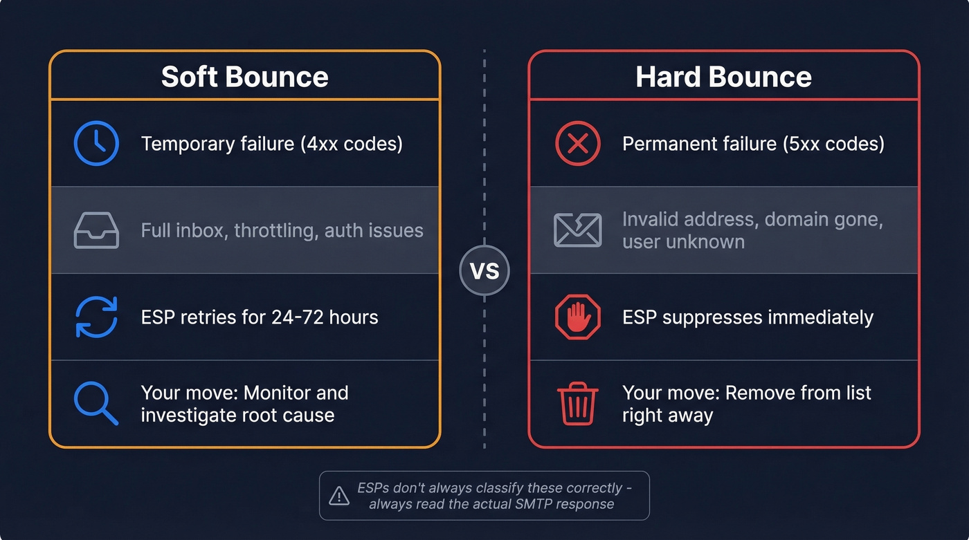Soft bounce vs hard bounce comparison diagram