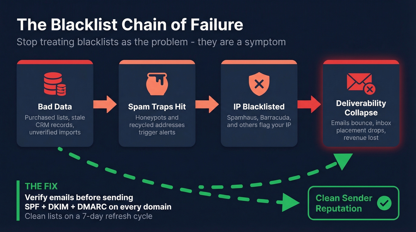 Blacklist root cause chain from bad data to deliverability collapse