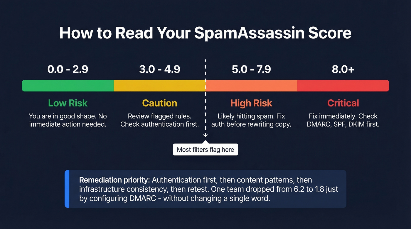 Visual spam score gauge with risk levels and actions