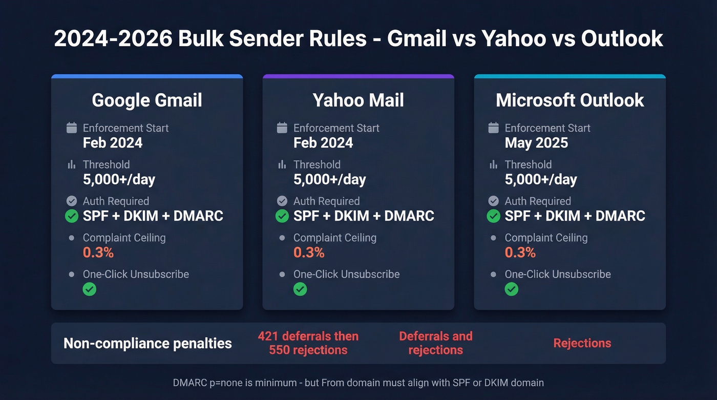 Bulk sender rules comparison across Gmail Yahoo Outlook
