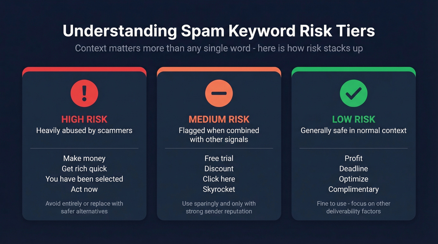 Spam keyword severity tier explanation with examples