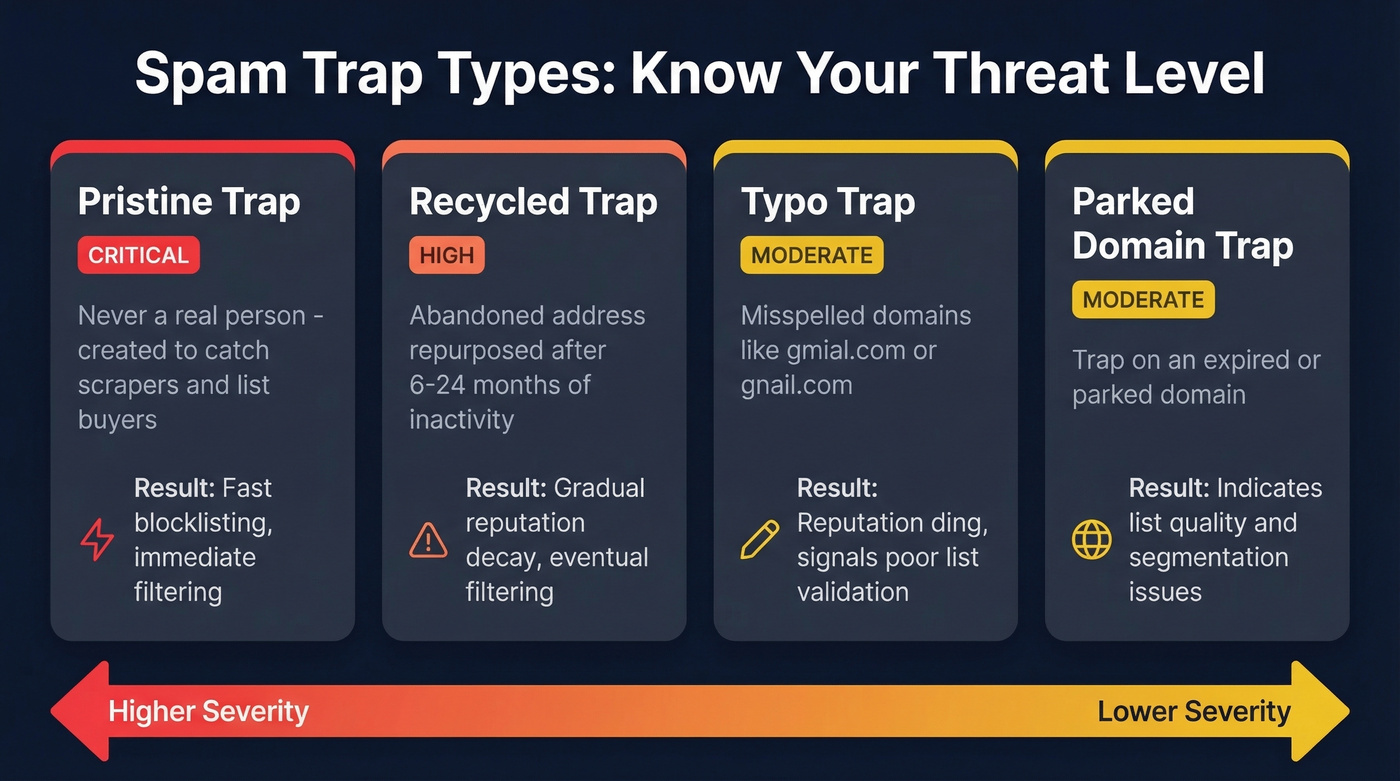 Spam trap types comparison showing severity levels and consequences