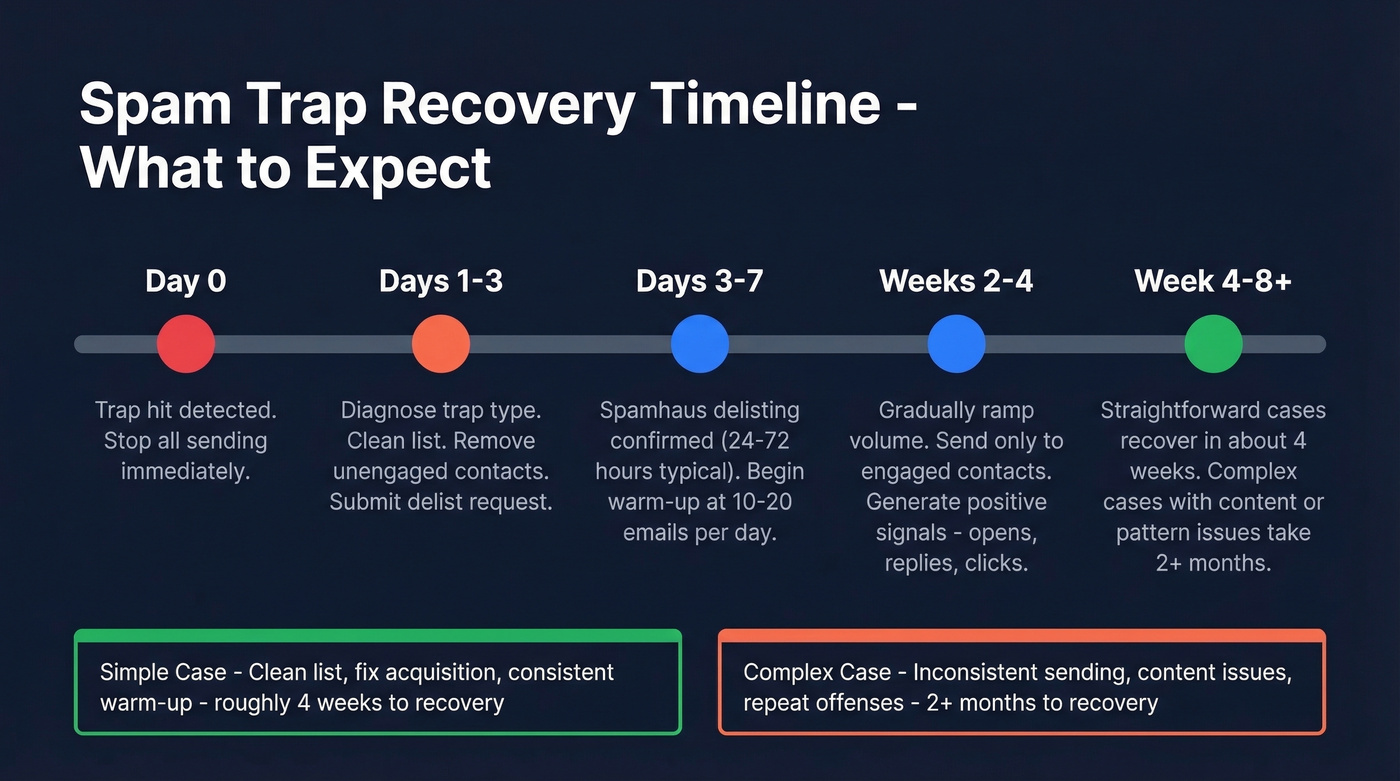 Spam trap recovery timeline from day one to full recovery