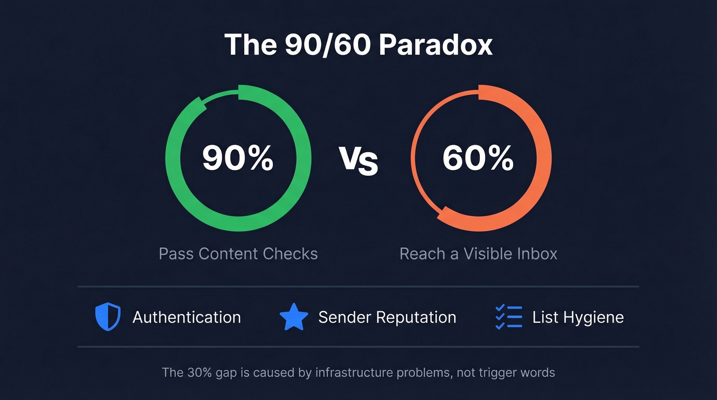 Visual showing the 90/60 email deliverability paradox gap