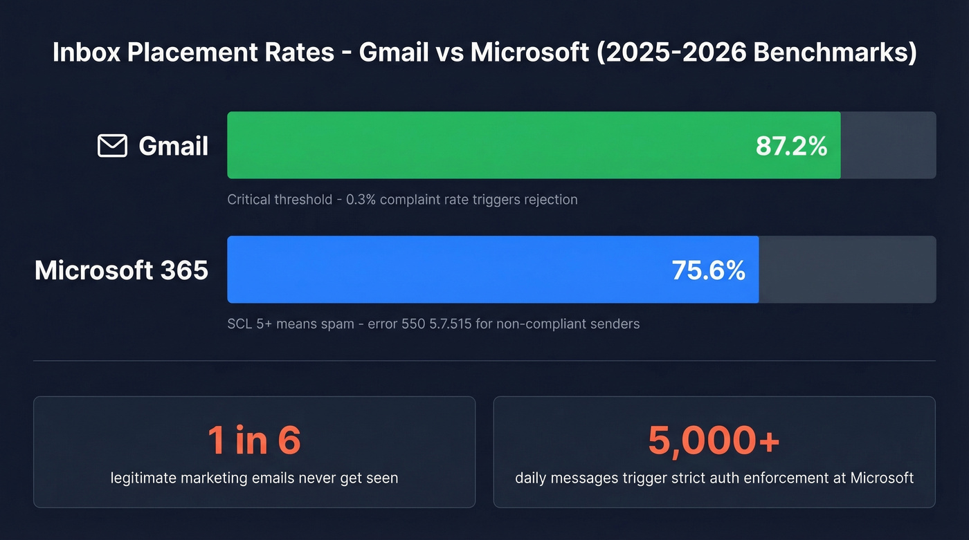 Gmail vs Microsoft inbox placement rate comparison