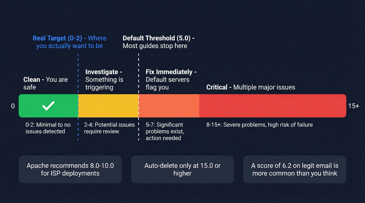 SpamAssassin score ranges with recommended actions