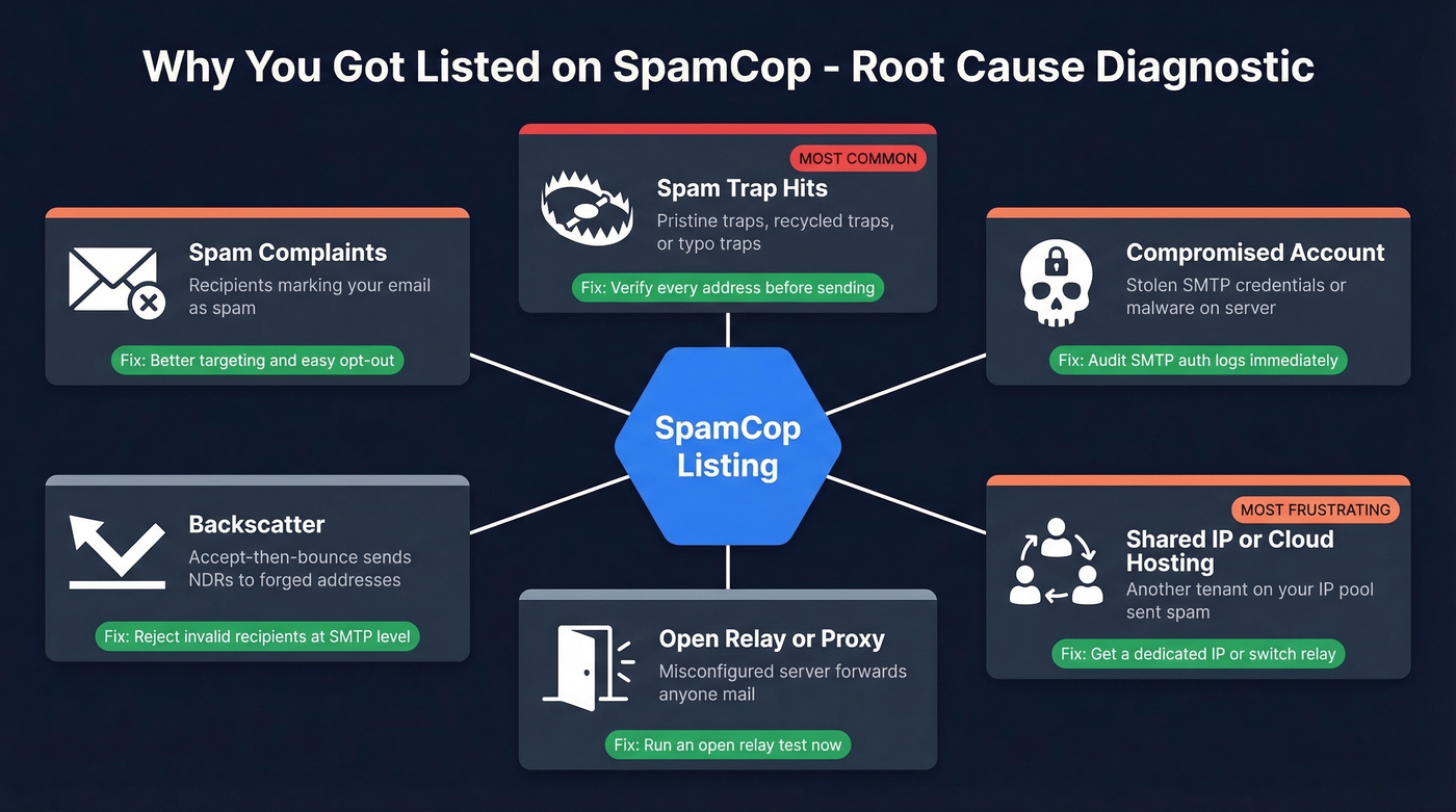 Root causes of SpamCop blacklist listings diagnostic map