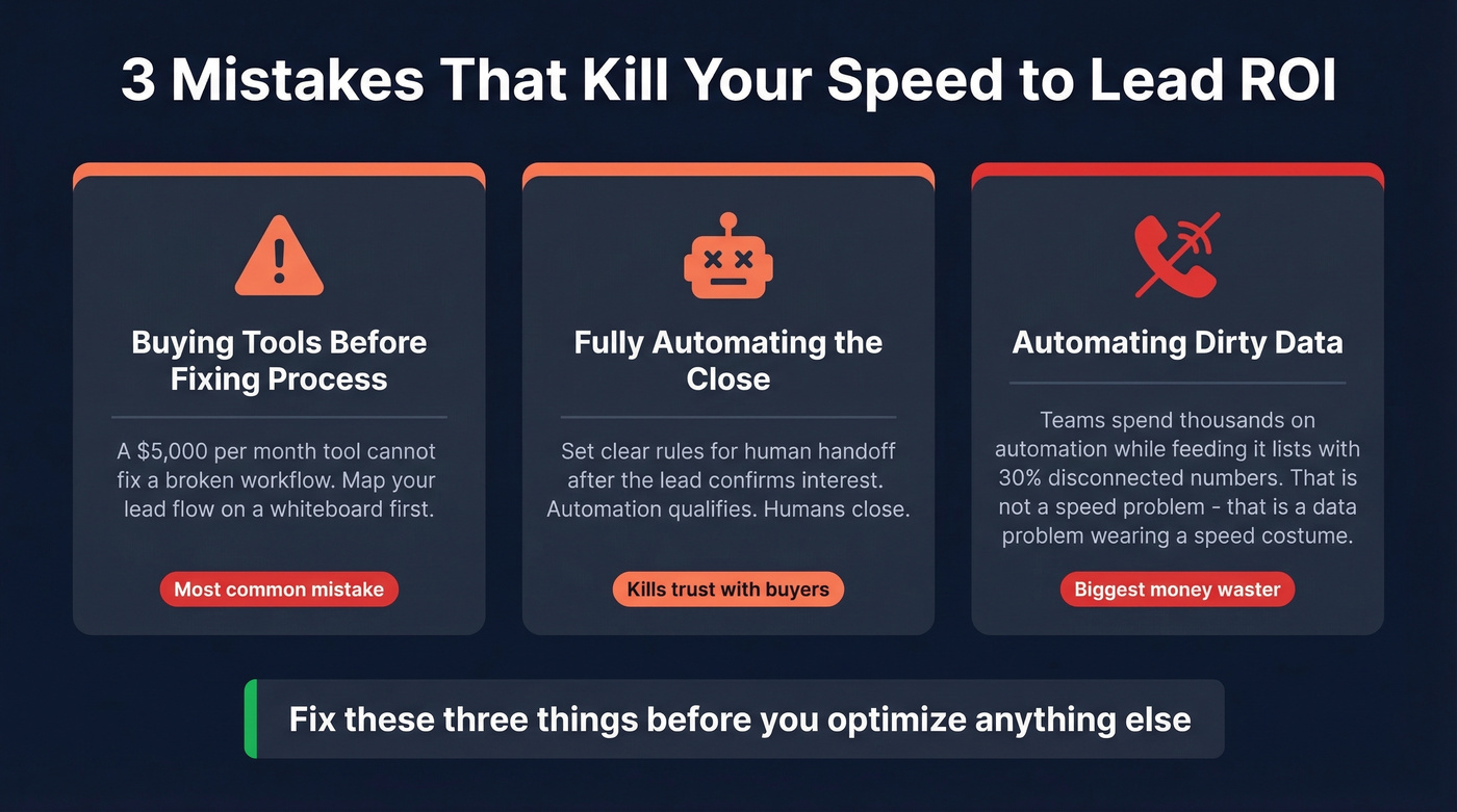 Three common speed to lead mistakes displayed as warning cards