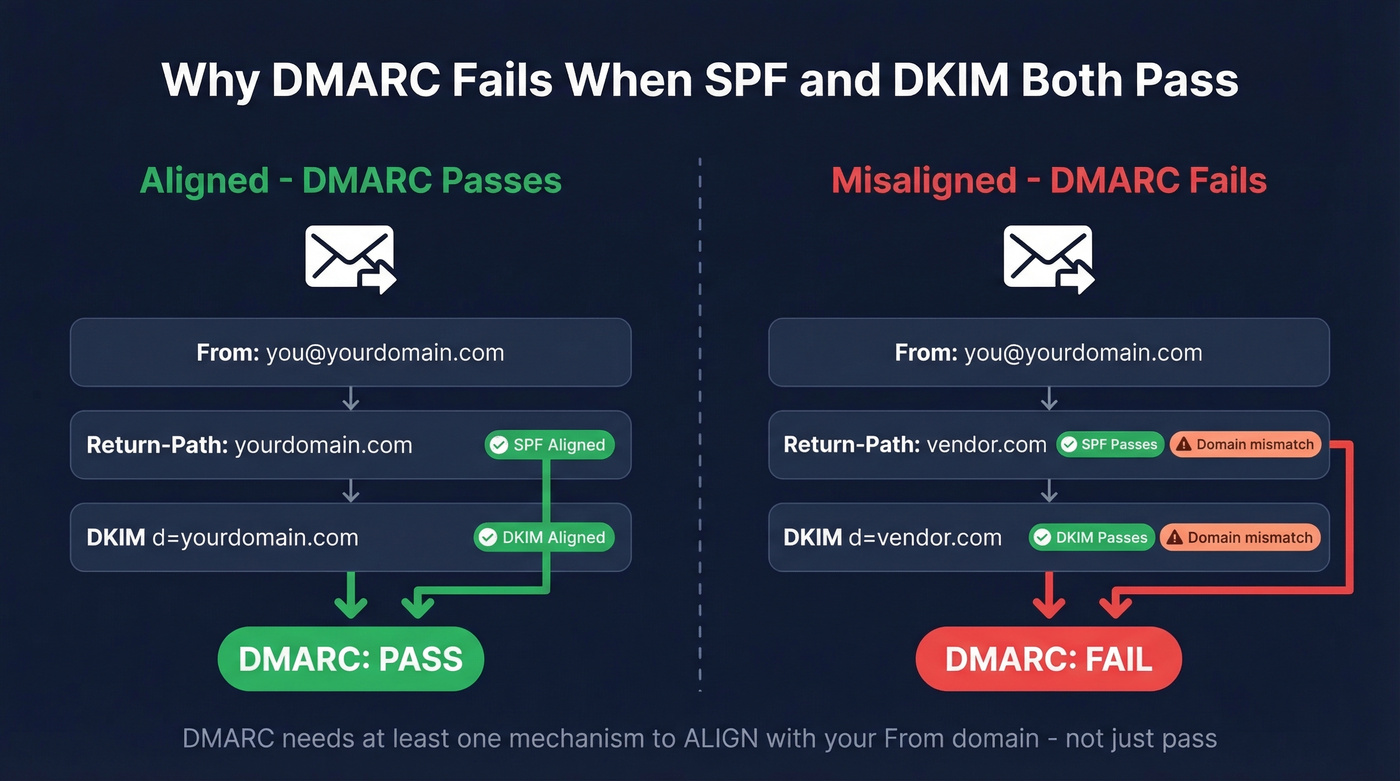 DMARC alignment failure diagram showing SPF and DKIM pass but DMARC fail